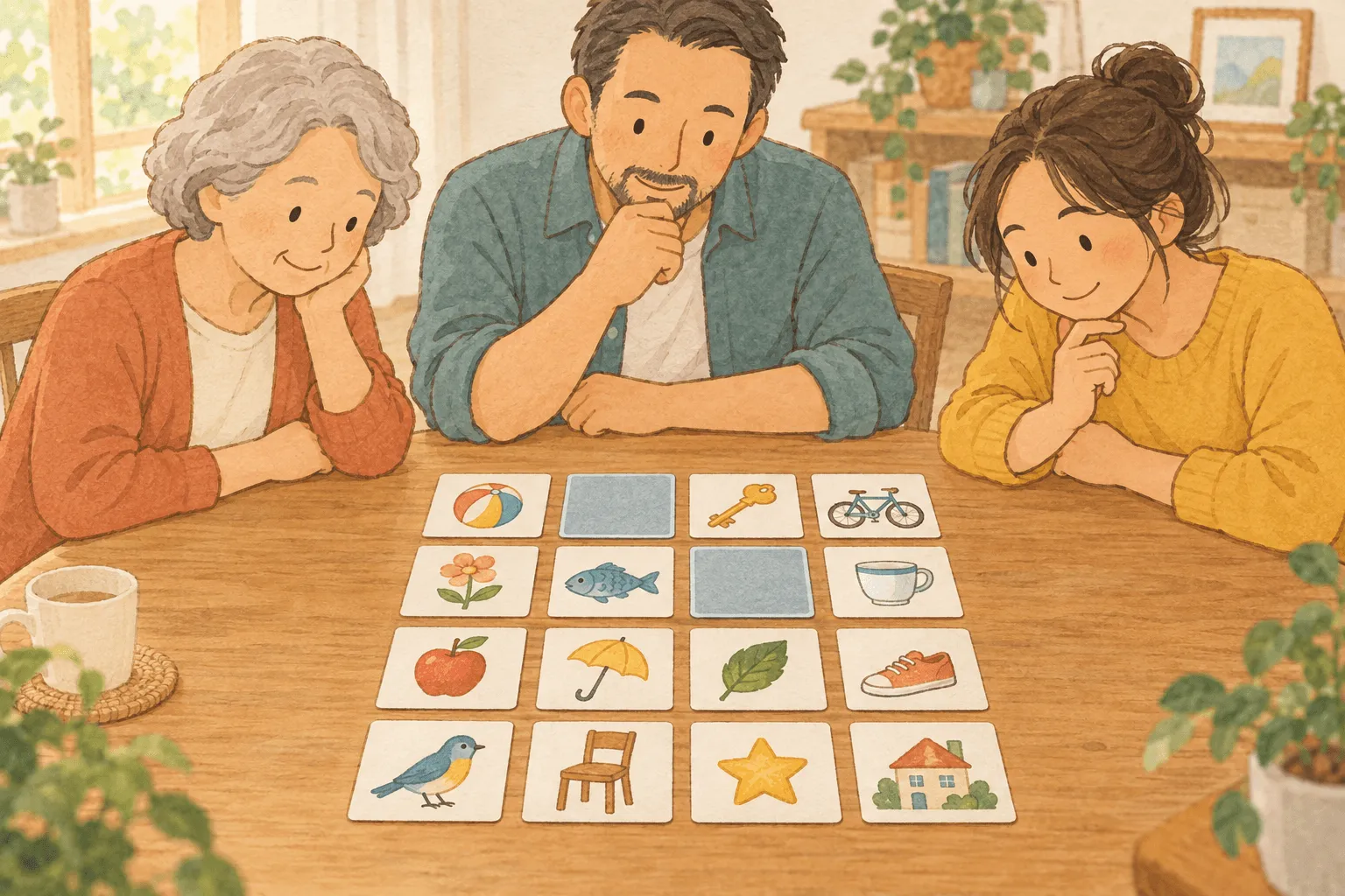 Tres personas de distintas edades memorizan tarjetas con dibujos sobre una mesa